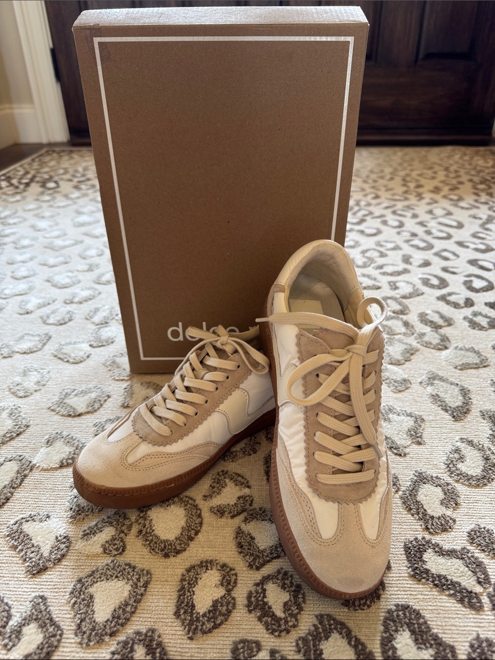 Dolce Vita Notice Sneaker Beige and White Nylon Fabric
